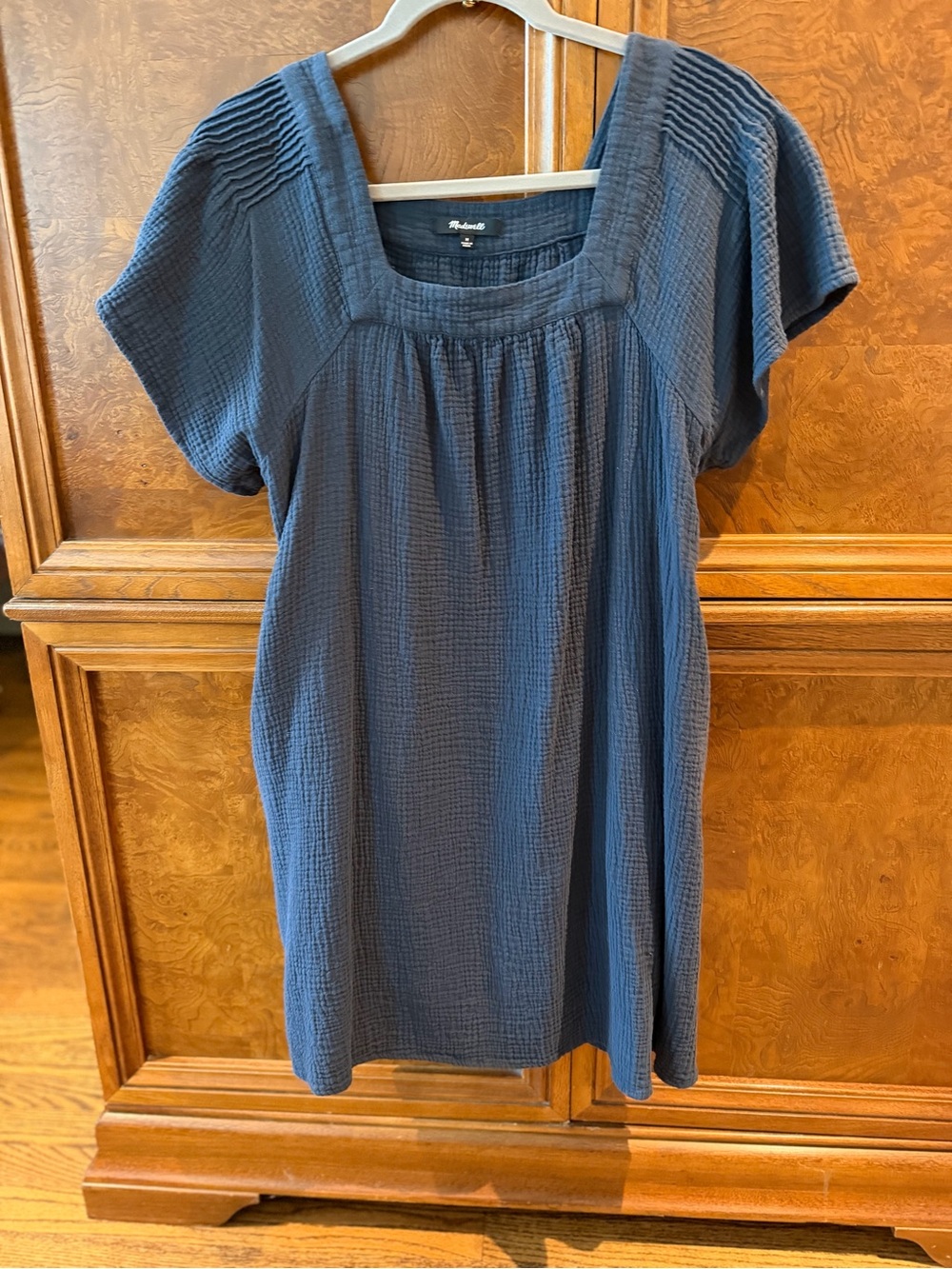 Madewell Indigo Gauze Square-Neck Short-Sleeve dress with pockets